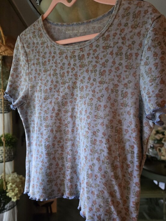American Eagle Outfitters Tops - American Eagle Outfitters Blue Short Sleeve Ribbed Floral Tee